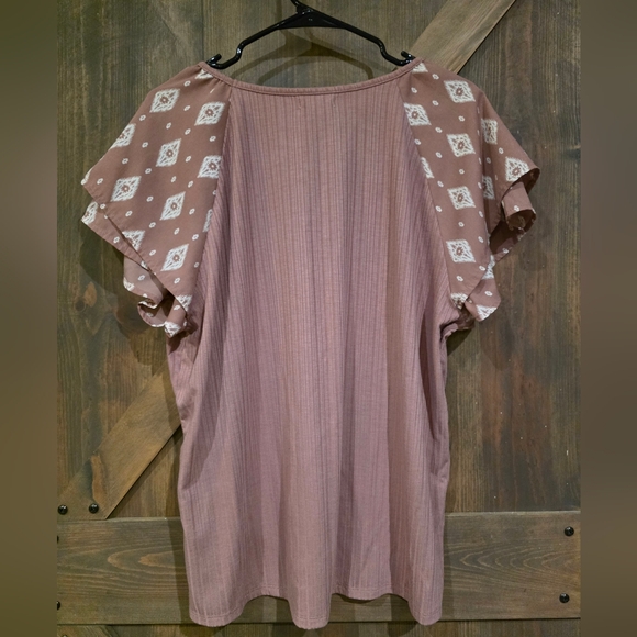Maurices Dusty Pink V-Neck Blouse with Geometric Flutter Sleeves- Plus Size XXL - Picture 2 of 4